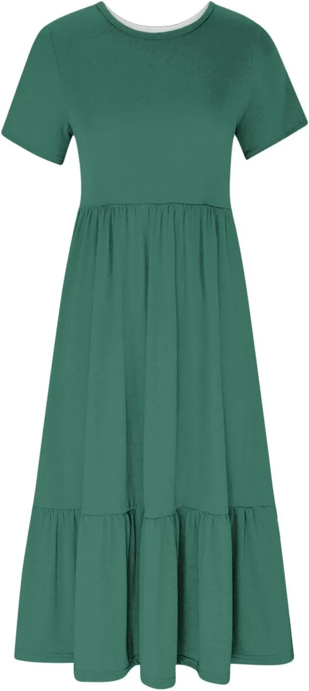 Womens Short Sleeve Trendy Midi Dress Simple Solid Color Long Dresses Crewneck Loose Fit Casual Sundress