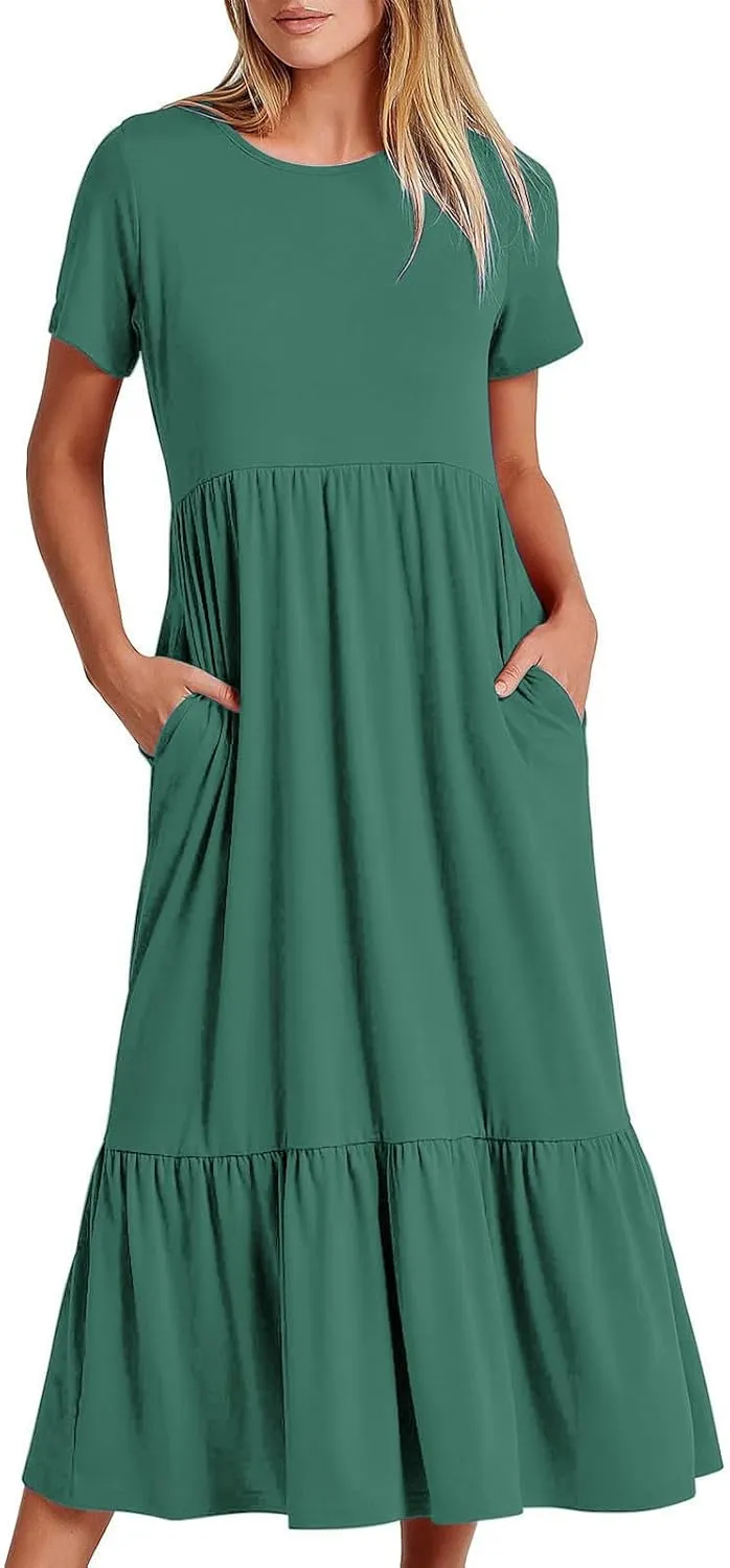 Womens Short Sleeve Trendy Midi Dress Simple Solid Color Long Dresses Crewneck Loose Fit Casual Sundress