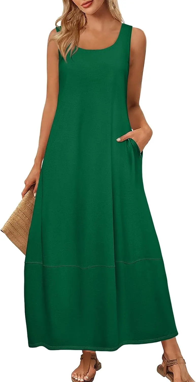 Women's Sleeveless Maxi Casual Loose Fit Long Sundress with Pockets for Summer Beach Vacation