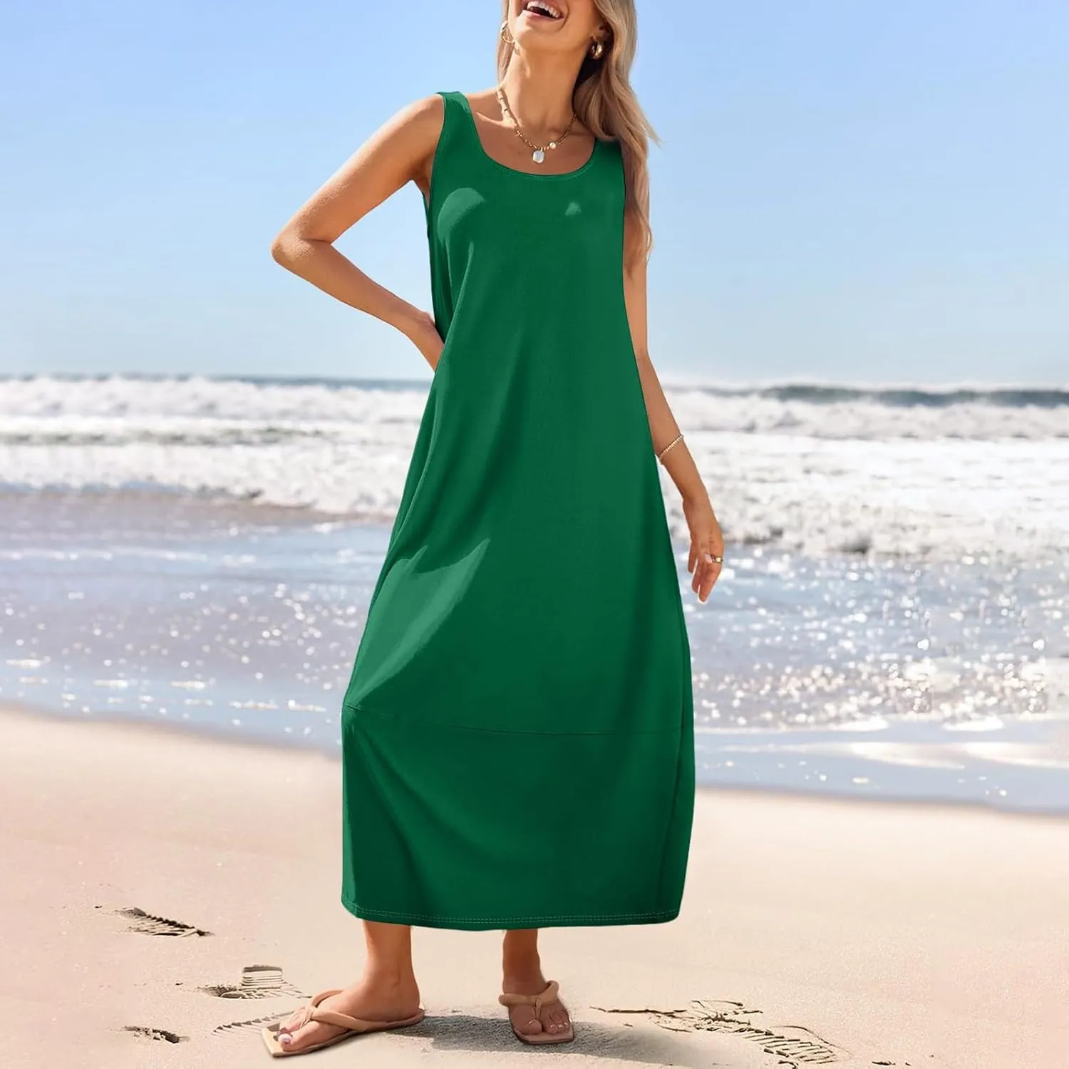 Women's Sleeveless Maxi Casual Loose Fit Long Sundress with Pockets for Summer Beach Vacation