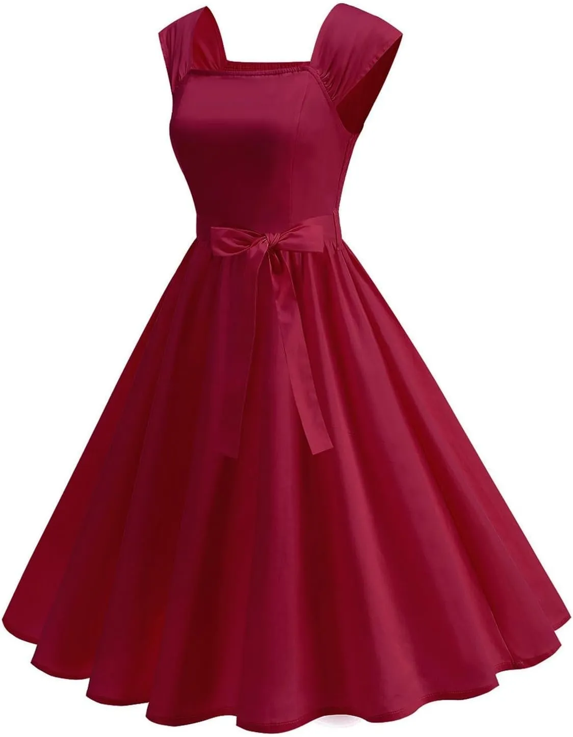 Womens Summer Dress Casual Cap Sleeve Square Neck A-Line Knee Length Pleated Flowy Fashion Cocktail Party Midi Dress