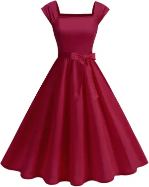Womens Summer Dress Casual Cap Sleeve Square Neck A-Line Knee Length Pleated Flowy Fashion Cocktail Party Midi Dress