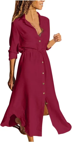 Womens Summer Dresses Long Sleeve Cotton Linen Sundress Lightweight Button Up Loose Casual Midi Dresse