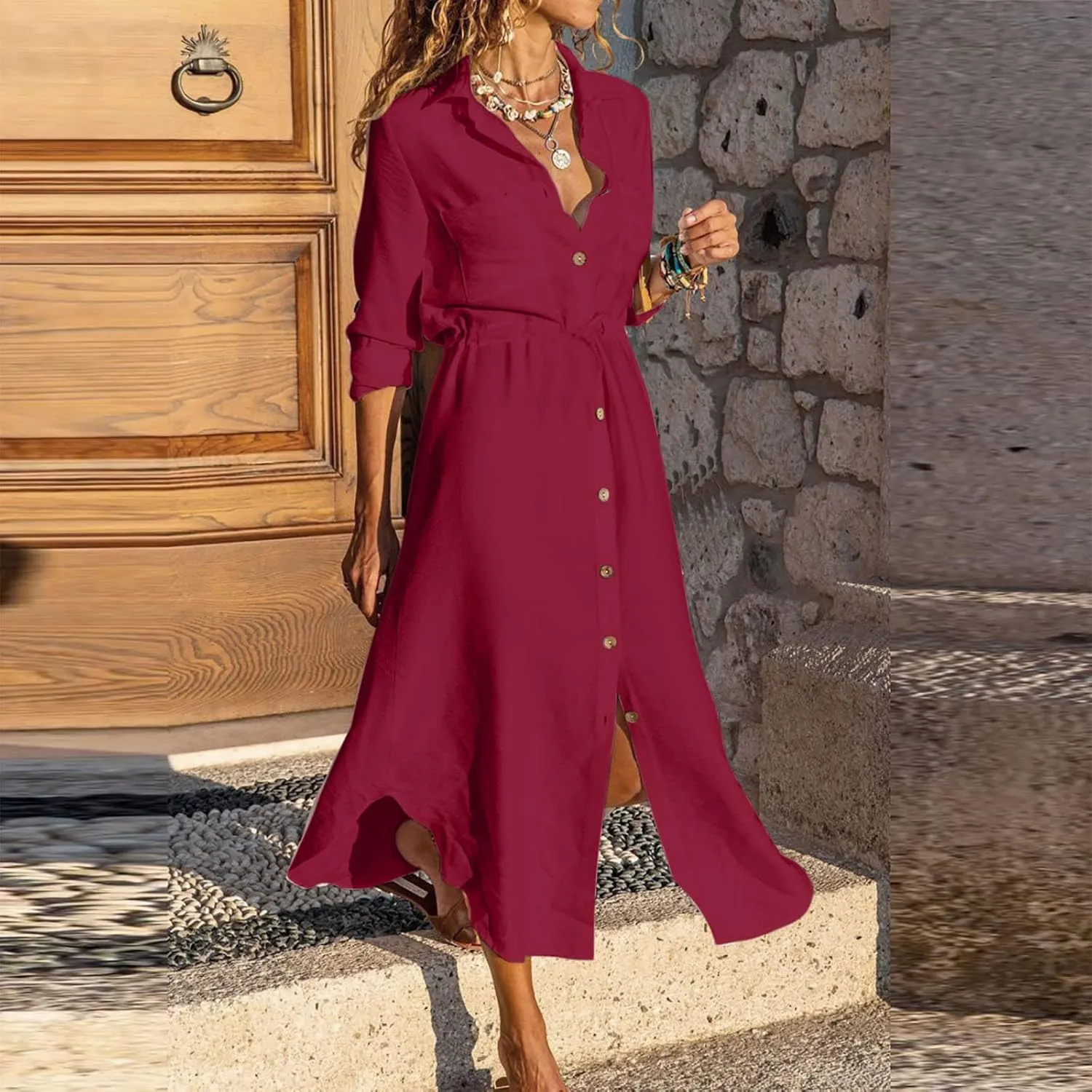 Womens Summer Dresses Long Sleeve Cotton Linen Sundress Lightweight Button Up Loose Casual Midi Dresse