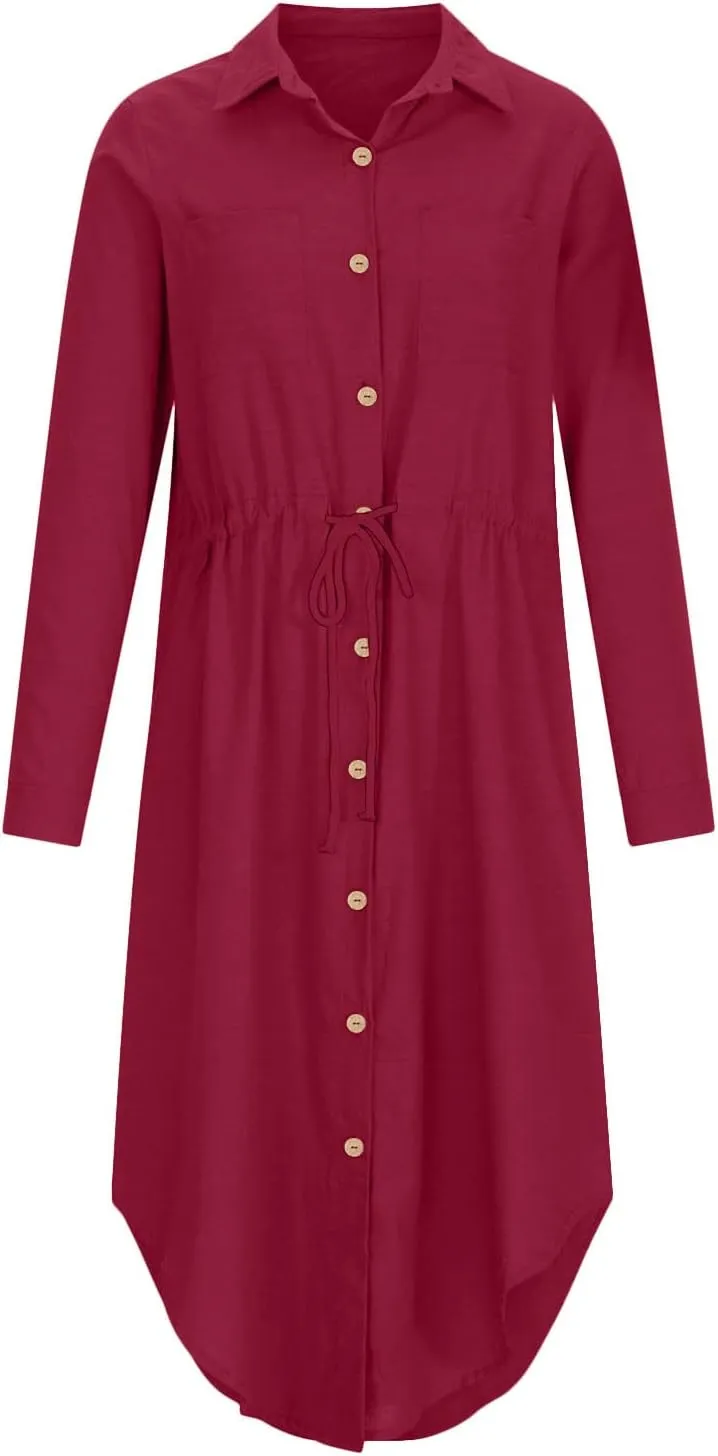 Womens Summer Dresses Long Sleeve Cotton Linen Sundress Lightweight Button Up Loose Casual Midi Dresse