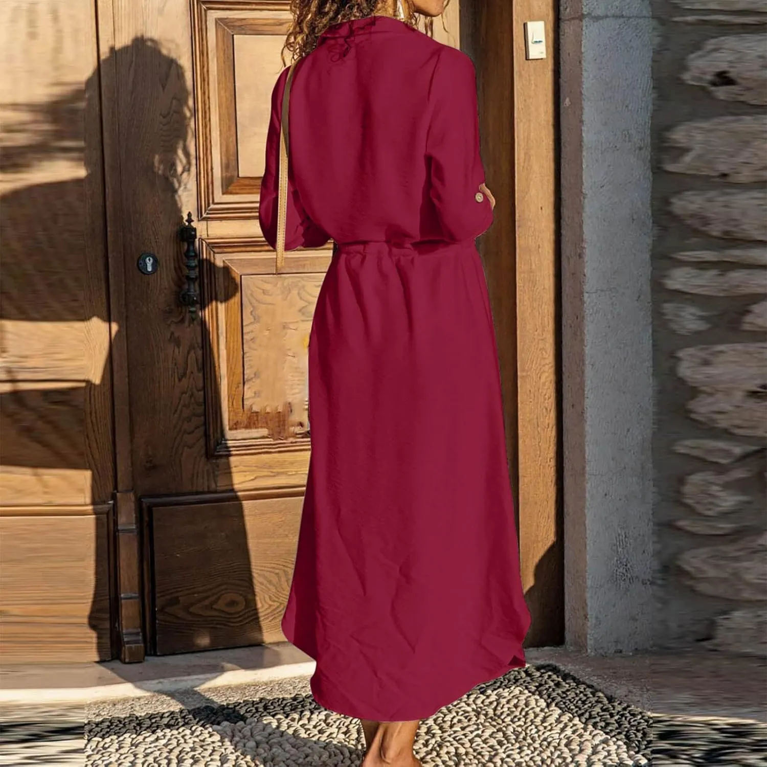 Womens Summer Dresses Long Sleeve Cotton Linen Sundress Lightweight Button Up Loose Casual Midi Dresse