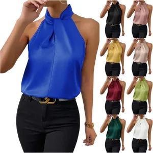 Women's Summer Halter Tops Casual Sleeveless Shirts Keyhole Neck Satin T-Shirts Off Shoulder Tank Tops Camis 2024