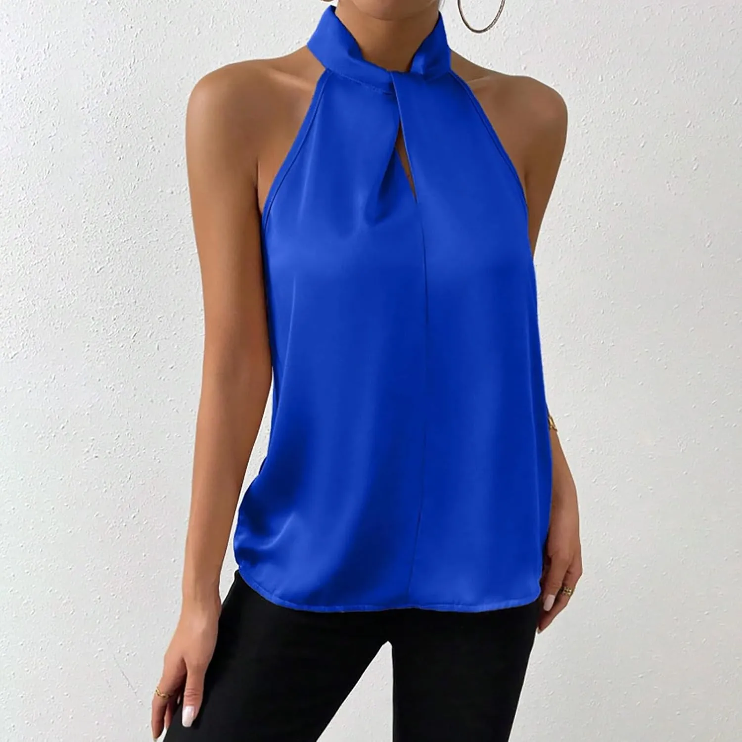 Women's Summer Halter Tops Casual Sleeveless Shirts Keyhole Neck Satin T-Shirts Off Shoulder Tank Tops Camis 2024