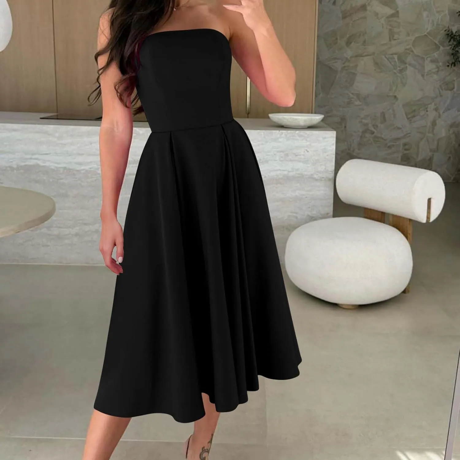 Womens Summer Strapless Maxi Dress Casual Sleeveless Off Shoulder Smocked Tiered Pleated Flowy Beach Long Sundress