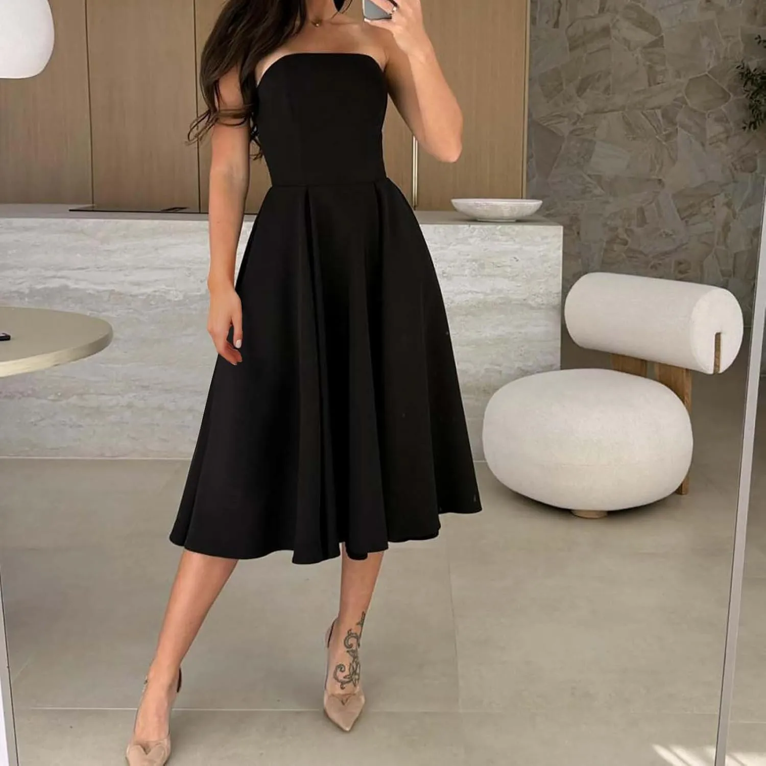 Womens Summer Strapless Maxi Dress Casual Sleeveless Off Shoulder Smocked Tiered Pleated Flowy Beach Long Sundress