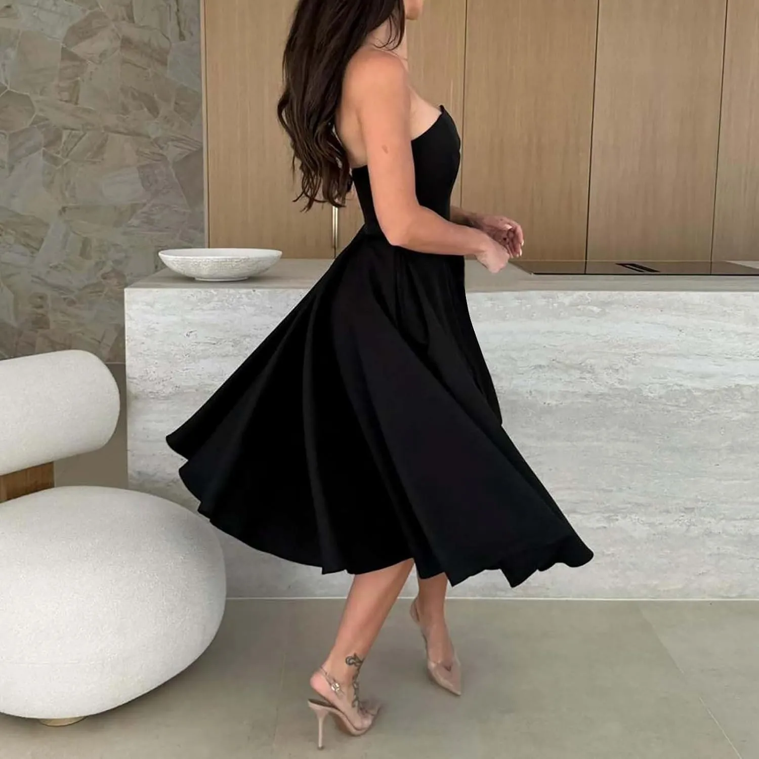 Womens Summer Strapless Maxi Dress Casual Sleeveless Off Shoulder Smocked Tiered Pleated Flowy Beach Long Sundress