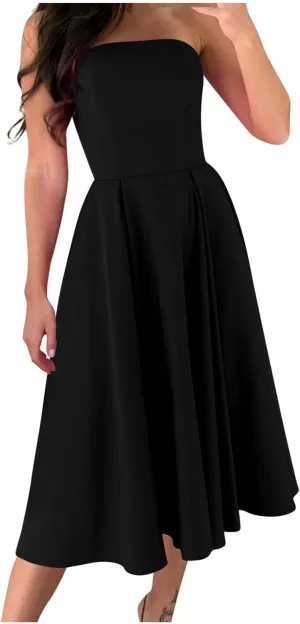 Womens Summer Strapless Maxi Dress Casual Sleeveless Off Shoulder Smocked Tiered Pleated Flowy Beach Long Sundress