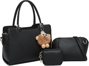 Women's Top Handle Bag Fashion Leather Handbags Purses Ladies Shoulder Bag with Pompom Satchel Purse Set 3pcs