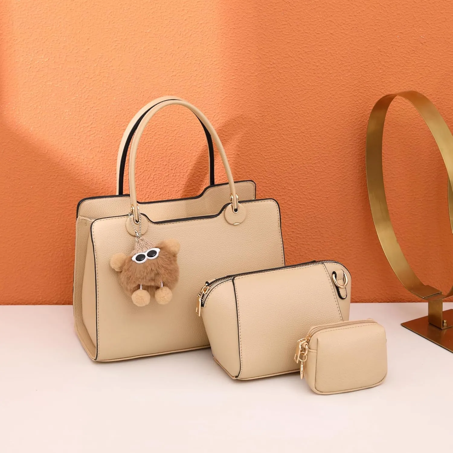 Women's Top Handle Bag Fashion Leather Handbags Purses Ladies Shoulder Bag with Pompom Satchel Purse Set 3pcs