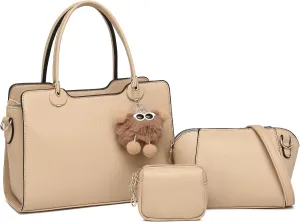 Women's Top Handle Bag Fashion Leather Handbags Purses Ladies Shoulder Bag with Pompom Satchel Purse Set 3pcs