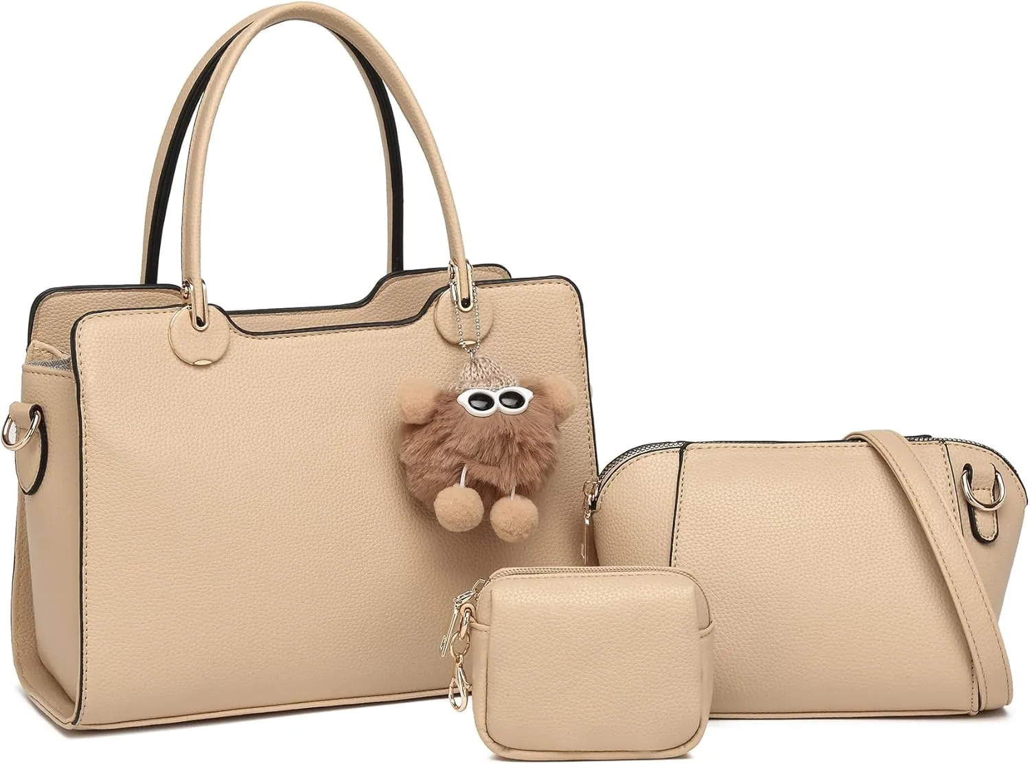Women's Top Handle Bag Fashion Leather Handbags Purses Ladies Shoulder Bag with Pompom Satchel Purse Set 3pcs