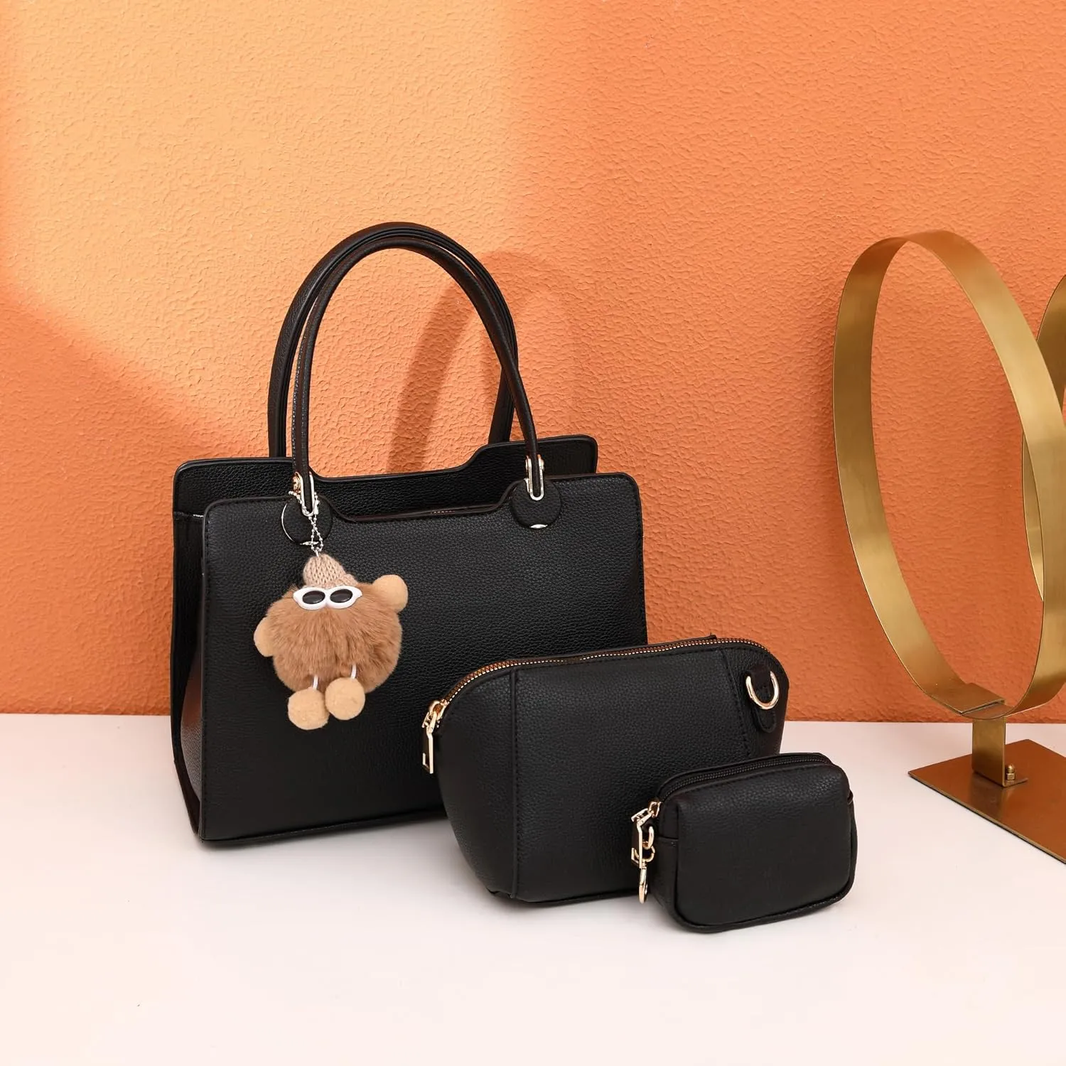 Women's Top Handle Bag Fashion Leather Handbags Purses Ladies Shoulder Bag with Pompom Satchel Purse Set 3pcs