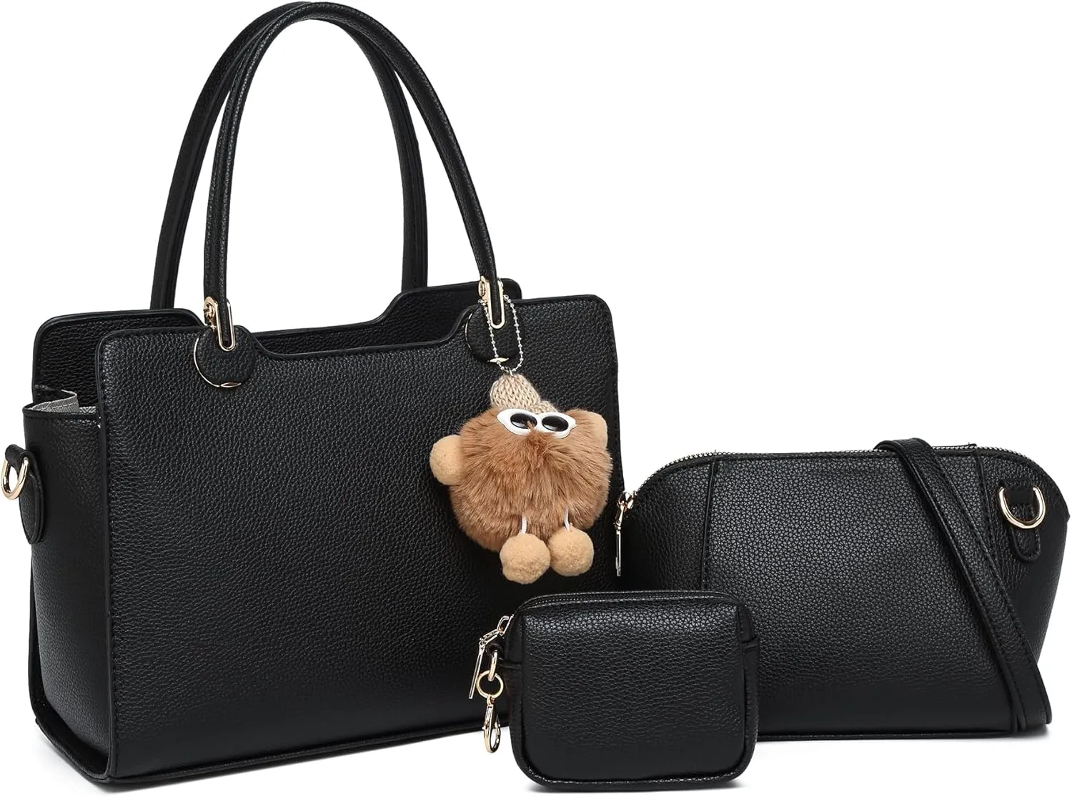 Women's Top Handle Bag Fashion Leather Handbags Purses Ladies Shoulder Bag with Pompom Satchel Purse Set 3pcs