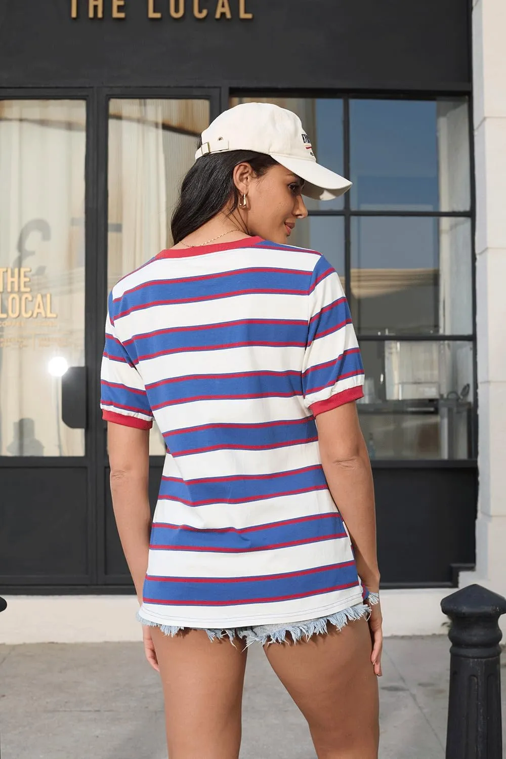 Womens Tops Cotton Casual Color Block Striped Short Sleeve Shirts Crewneck T Shirts Loose Basic Tee Blouses