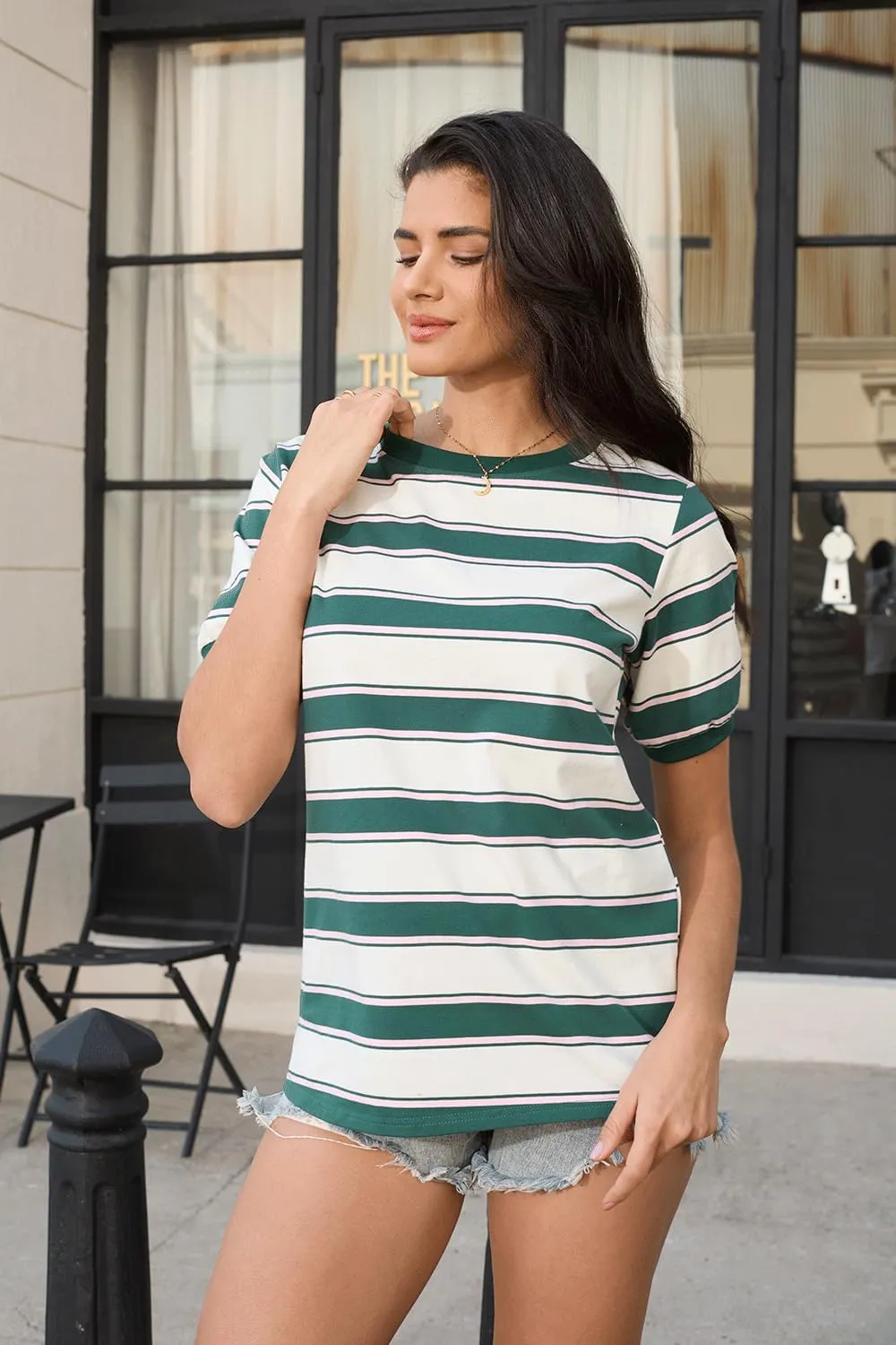 Womens Tops Cotton Casual Color Block Striped Short Sleeve Shirts Crewneck T Shirts Loose Basic Tee Blouses