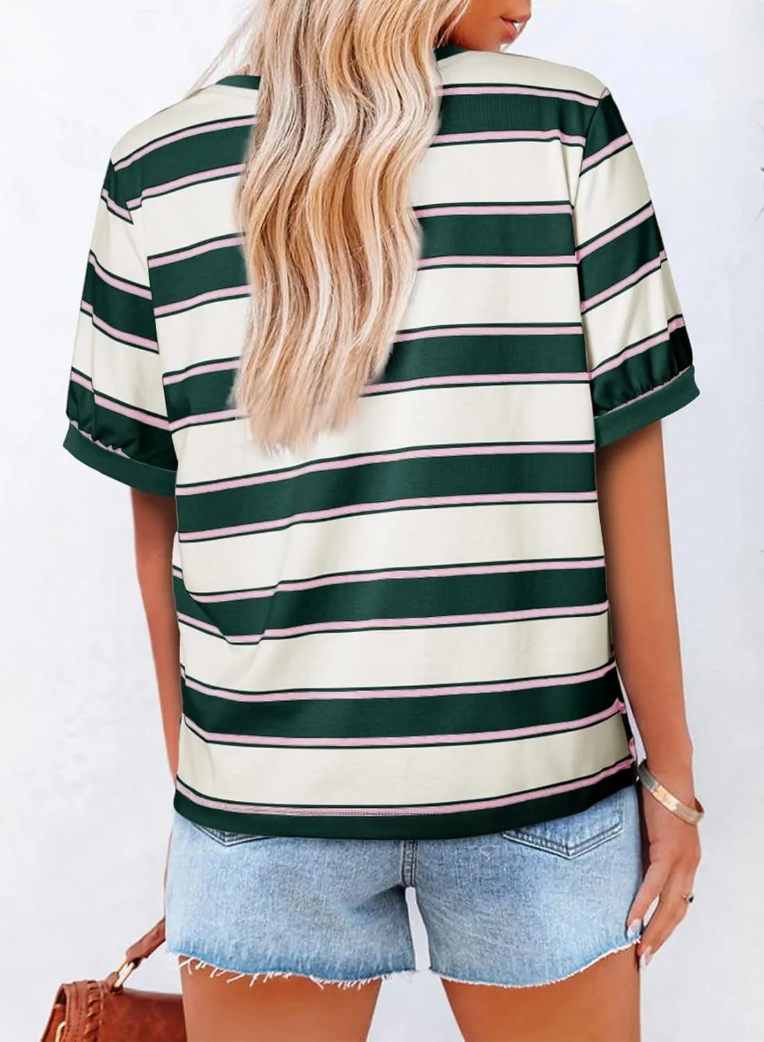 Womens Tops Cotton Casual Color Block Striped Short Sleeve Shirts Crewneck T Shirts Loose Basic Tee Blouses