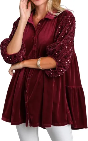 Womens Velvet Dress Button Down T Shirt 3/4 Sleeve Tunic Dresses Casual Babydoll Mini Dress