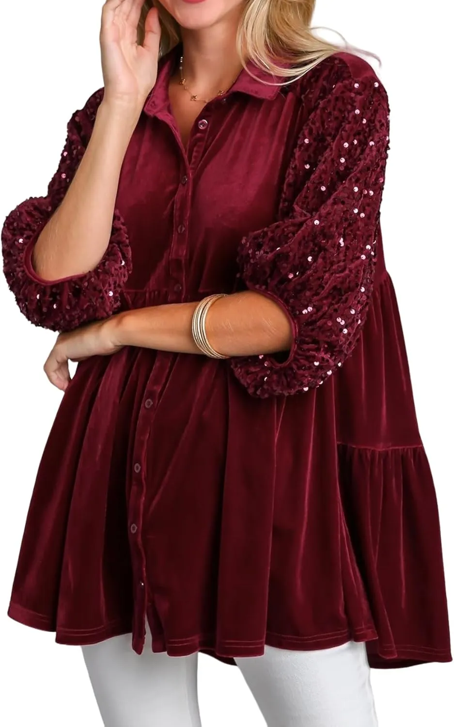 Womens Velvet Dress Button Down T Shirt 3/4 Sleeve Tunic Dresses Casual Babydoll Mini Dress
