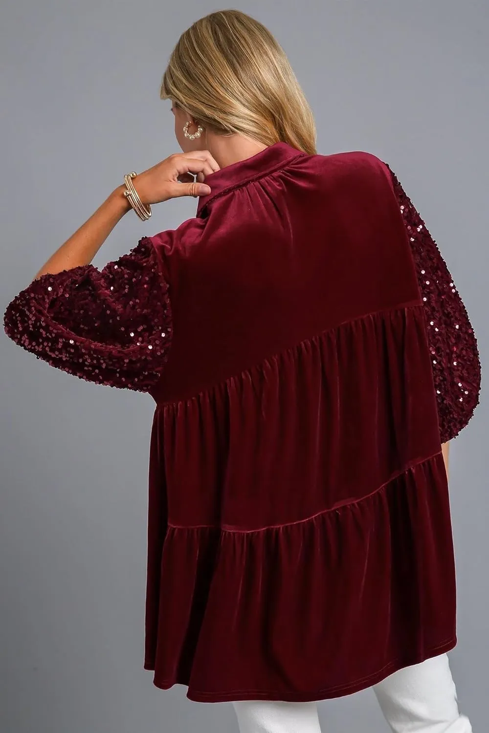 Womens Velvet Dress Button Down T Shirt 3/4 Sleeve Tunic Dresses Casual Babydoll Mini Dress