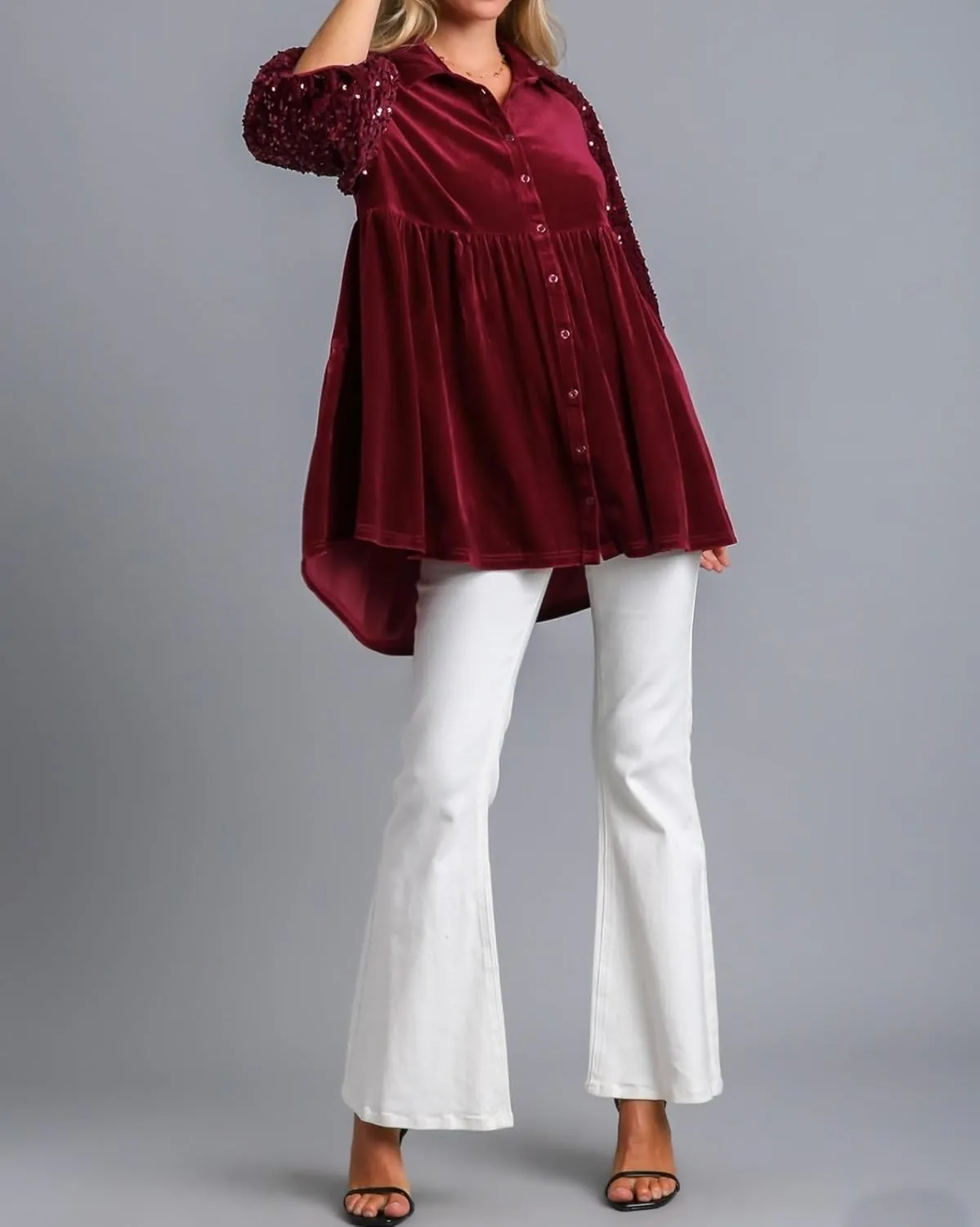 Womens Velvet Dress Button Down T Shirt 3/4 Sleeve Tunic Dresses Casual Babydoll Mini Dress