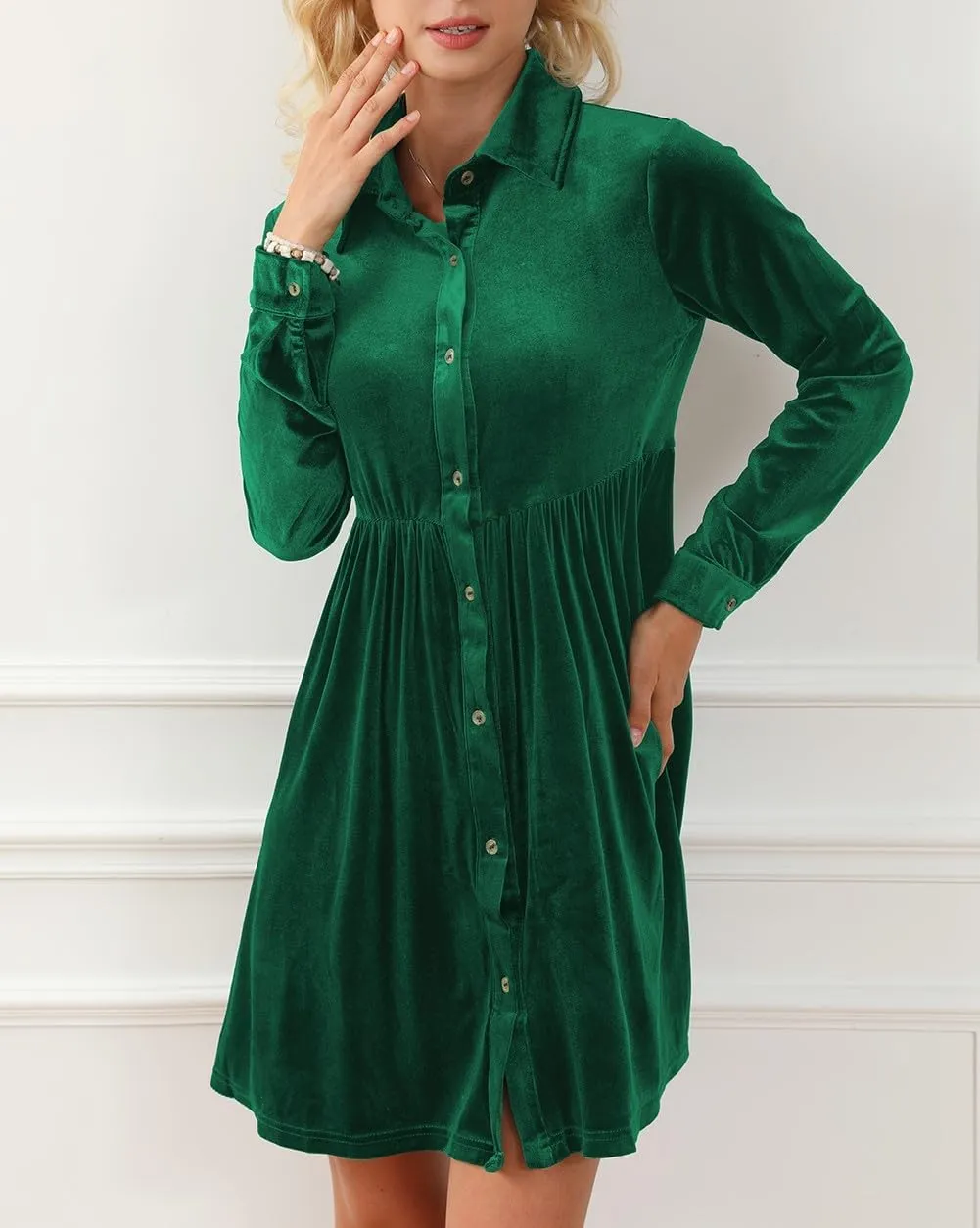 Women's Velvet Mini Dress Long Sleeve Button Down Shirt Short Dress Ruffle Fall Lapel Babydoll Dresses