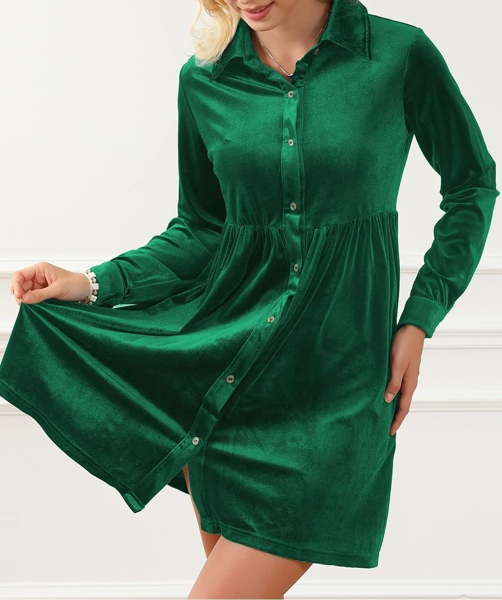 Women's Velvet Mini Dress Long Sleeve Button Down Shirt Short Dress Ruffle Fall Lapel Babydoll Dresses