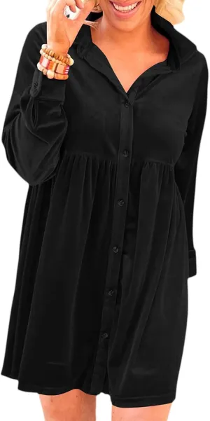 Women's Velvet Mini Dress Long Sleeve Button Down Shirt Short Dress Ruffle Fall Lapel Babydoll Dresses