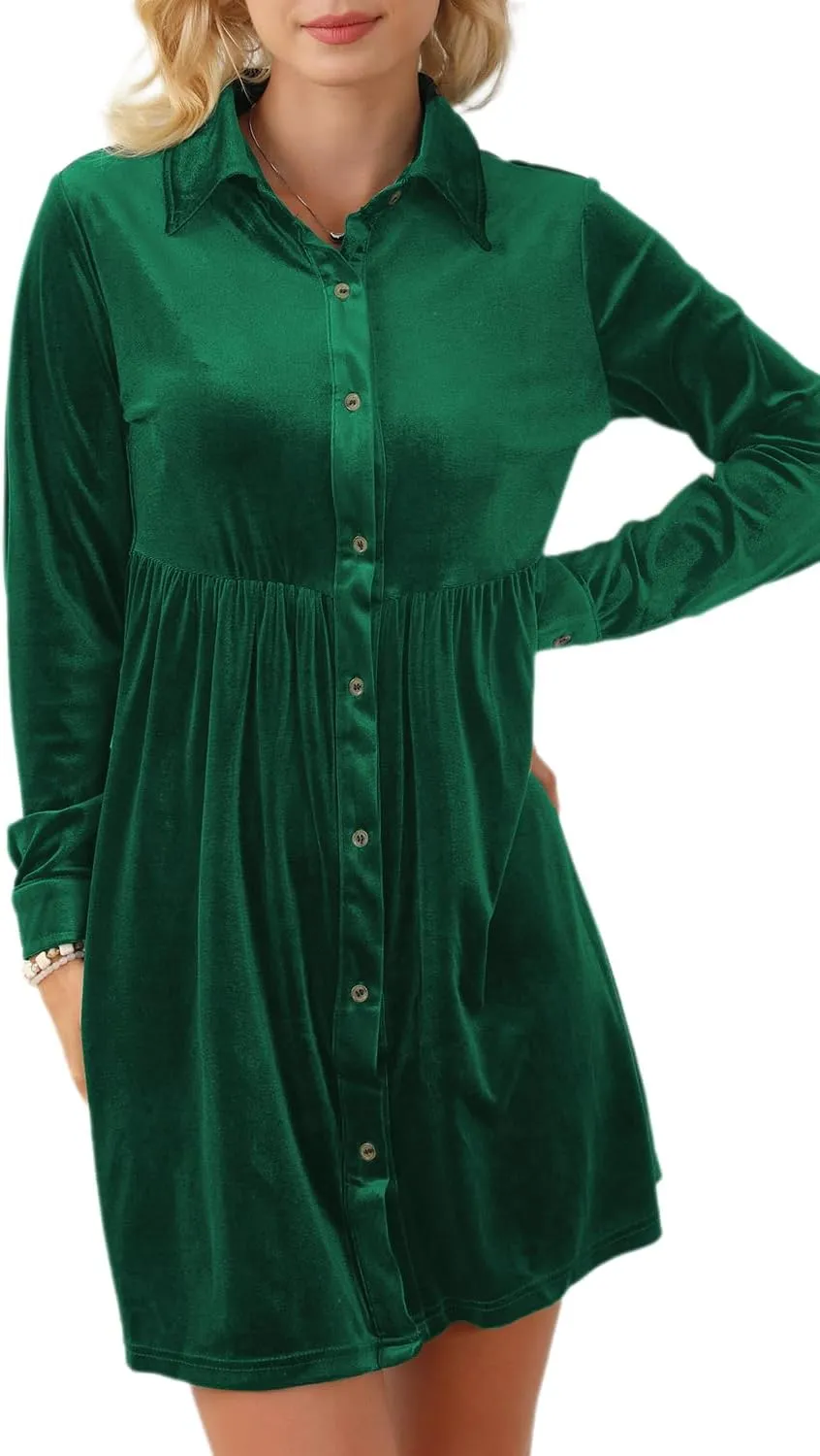Women's Velvet Mini Dress Long Sleeve Button Down Shirt Short Dress Ruffle Fall Lapel Babydoll Dresses