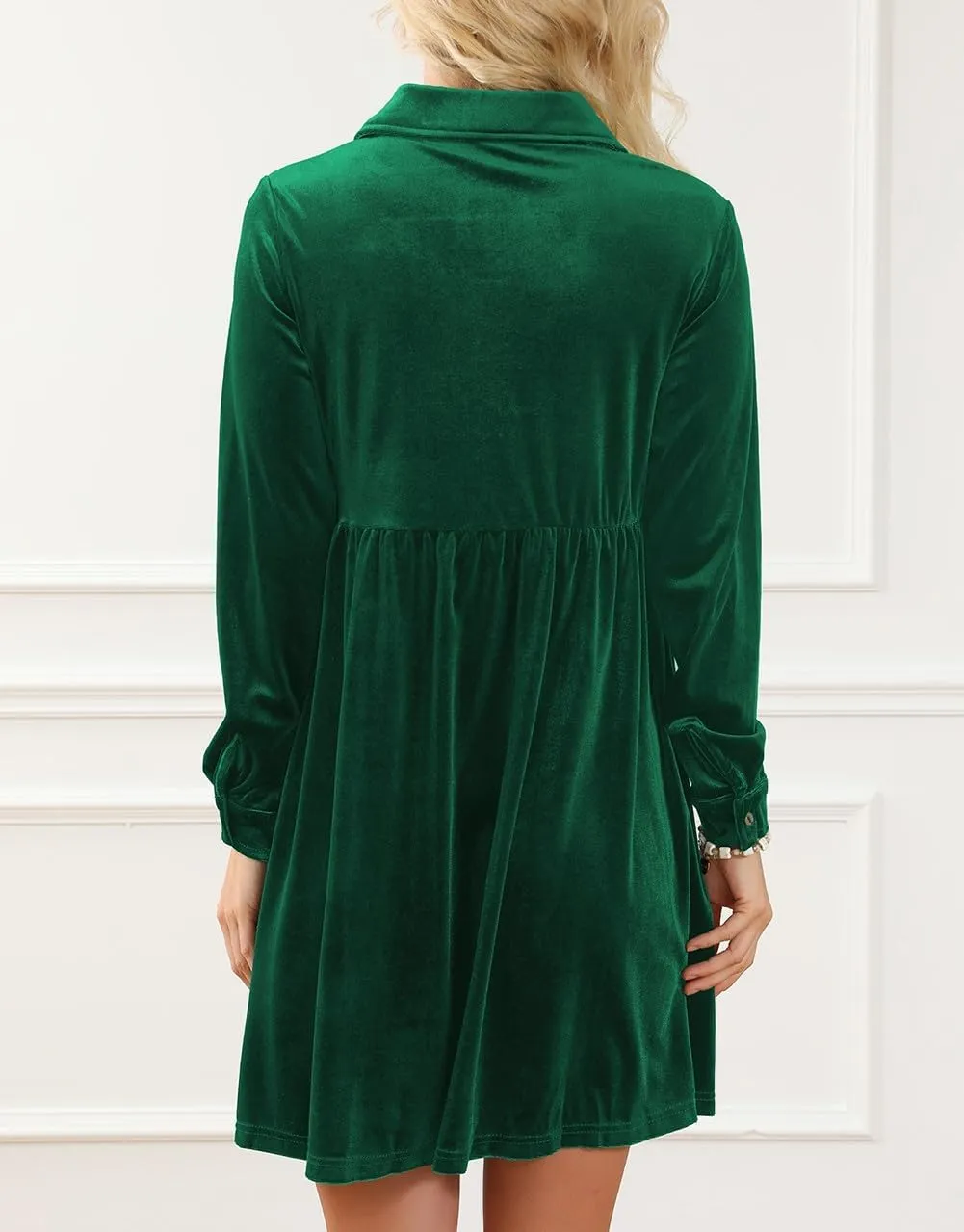 Women's Velvet Mini Dress Long Sleeve Button Down Shirt Short Dress Ruffle Fall Lapel Babydoll Dresses