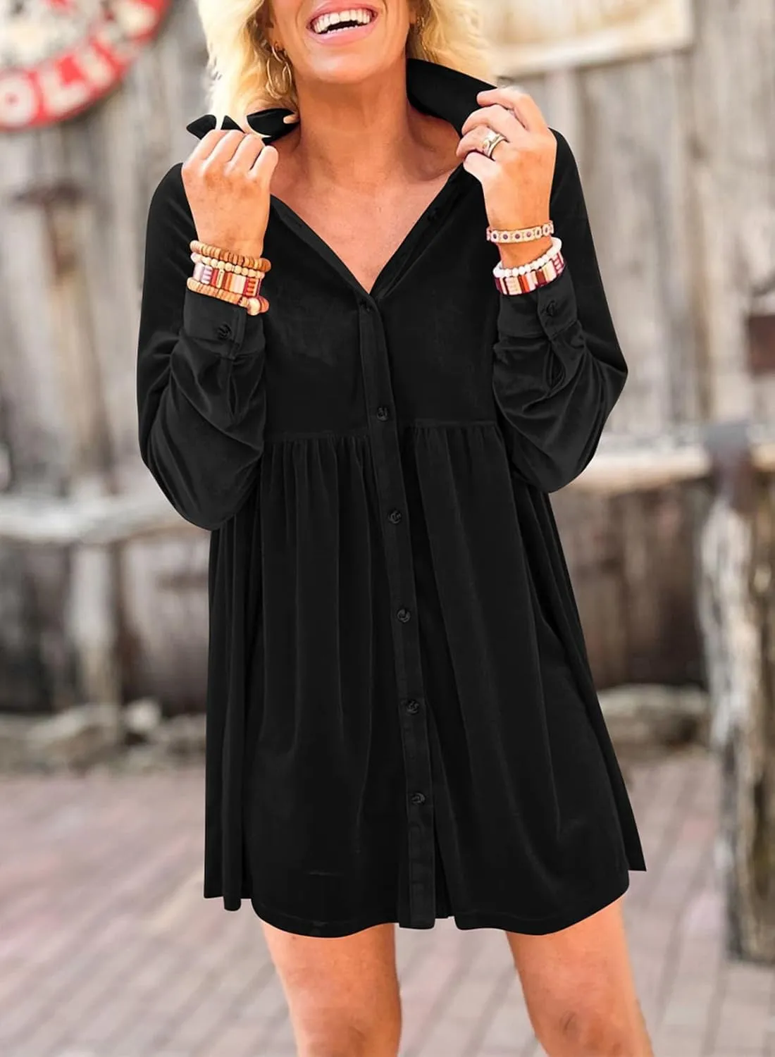 Women's Velvet Mini Dress Long Sleeve Button Down Shirt Short Dress Ruffle Fall Lapel Babydoll Dresses