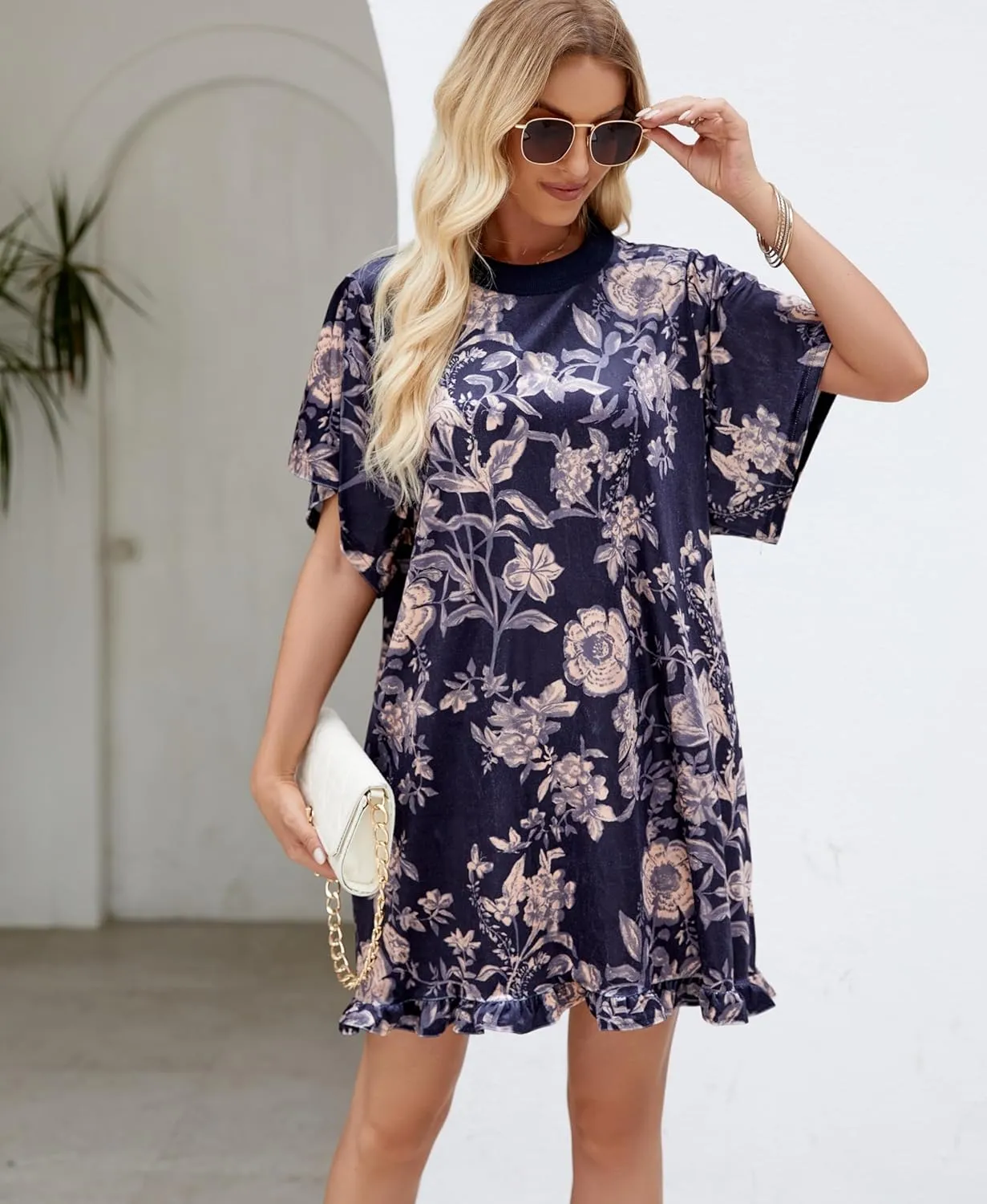 Women's Vintage Velvet Dress Round Neck Short Sleeve Floral Printed Mini Flowy Dress