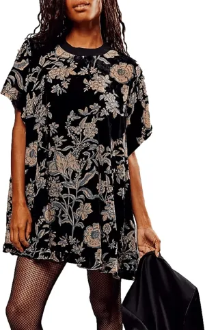 Women's Vintage Velvet Dress Round Neck Short Sleeve Floral Printed Mini Flowy Dress