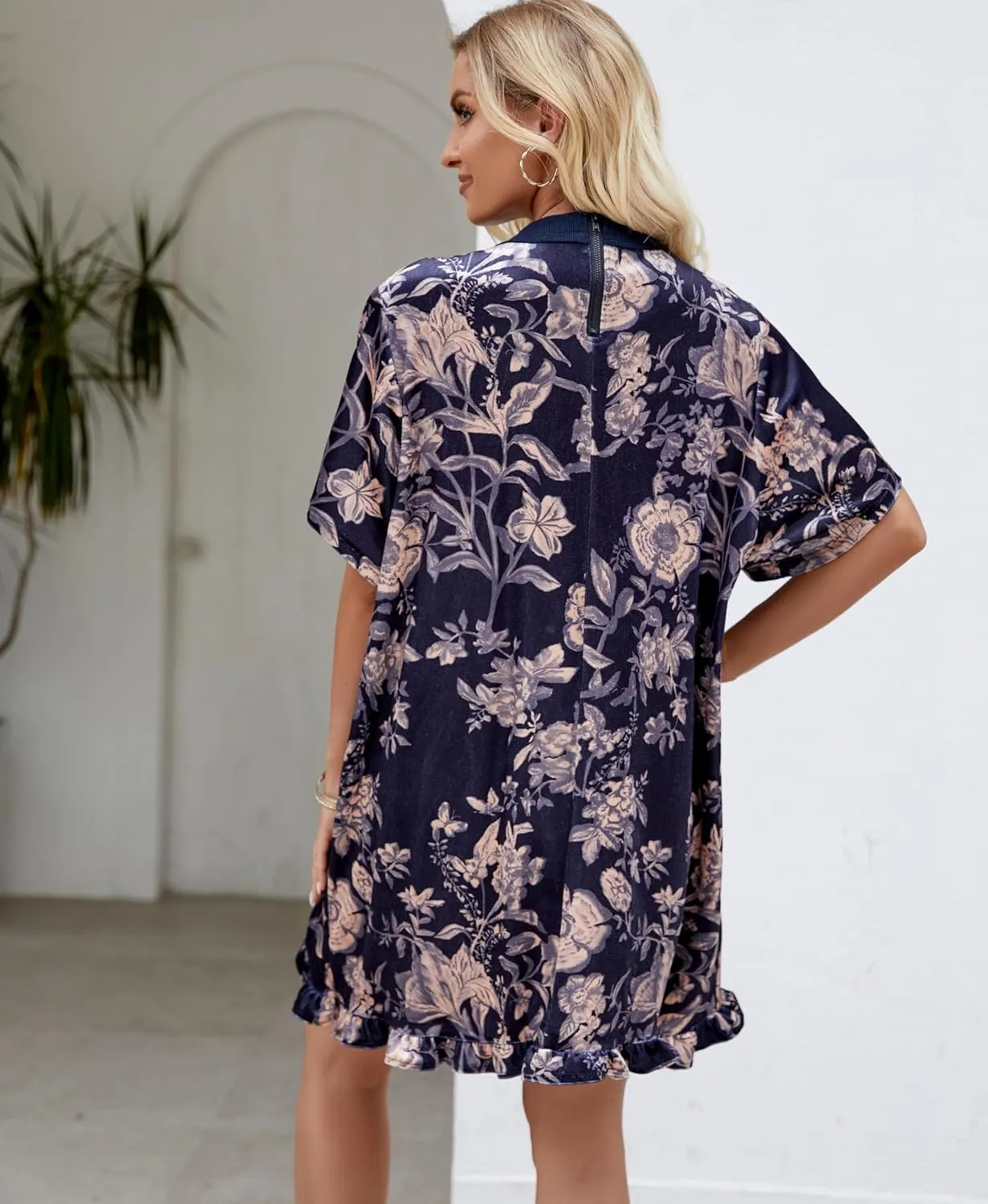Women's Vintage Velvet Dress Round Neck Short Sleeve Floral Printed Mini Flowy Dress
