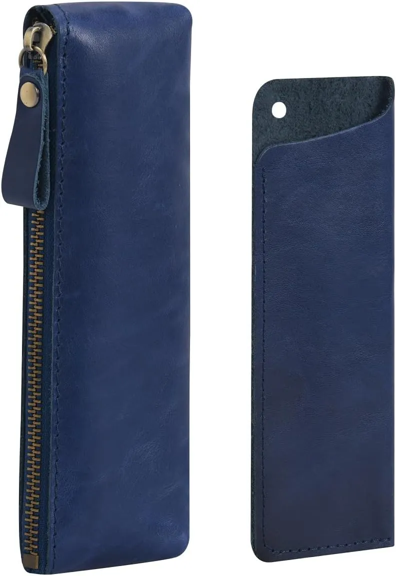 WONDERPOOL Pen Case 2pcs Genuine Leather Pencil Markers Holder Fountain Pen Drawings Pouch Portable Compact Stationery Bag for School Office Travel Organizer