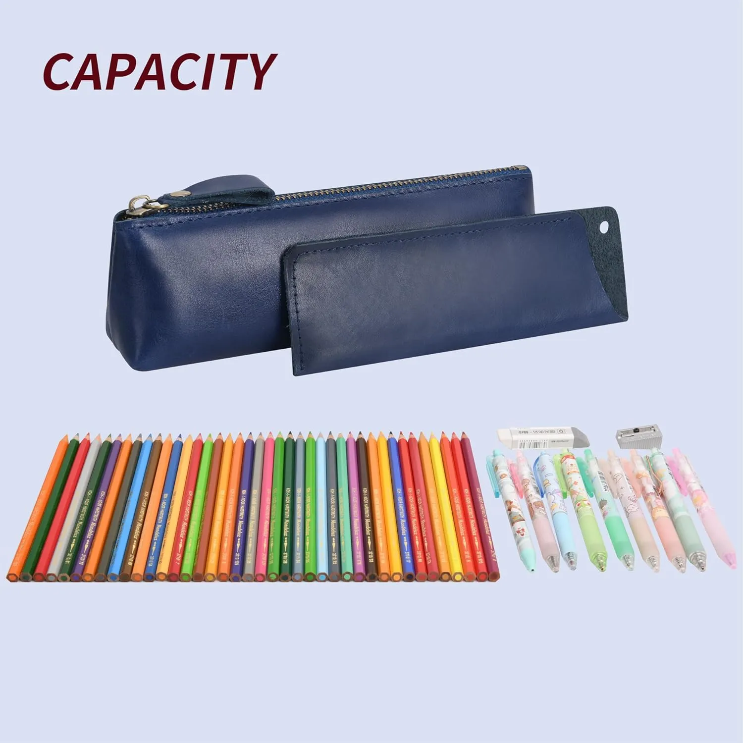 WONDERPOOL Pen Case 2pcs Genuine Leather Pencil Markers Holder Fountain Pen Drawings Pouch Portable Compact Stationery Bag for School Office Travel Organizer