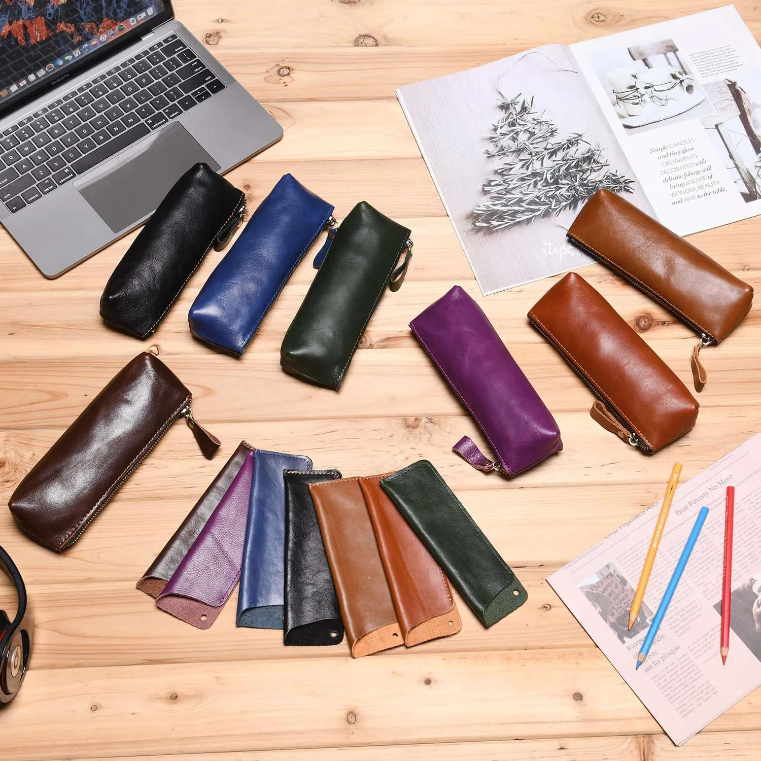 WONDERPOOL Pen Case 2pcs Genuine Leather Pencil Markers Holder Fountain Pen Drawings Pouch Portable Compact Stationery Bag for School Office Travel Organizer