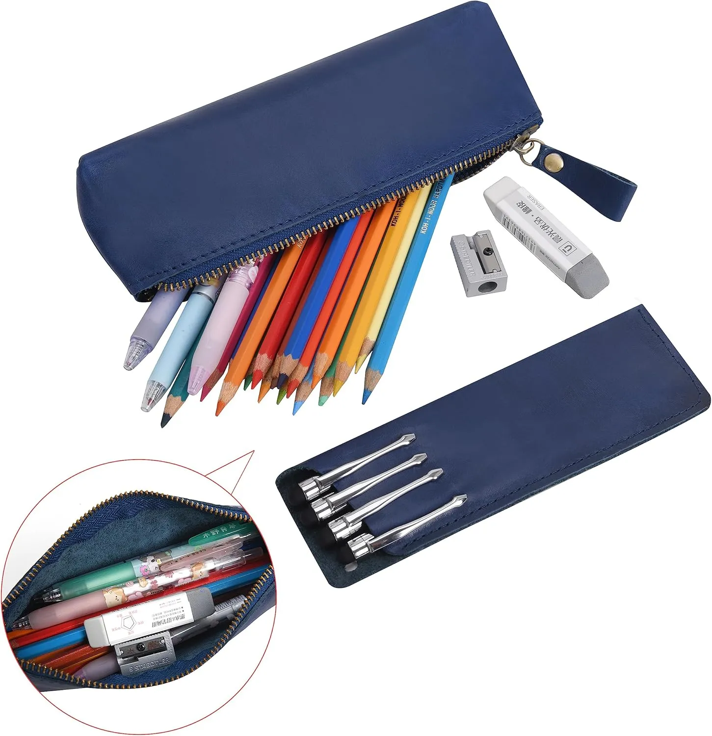 WONDERPOOL Pen Case 2pcs Genuine Leather Pencil Markers Holder Fountain Pen Drawings Pouch Portable Compact Stationery Bag for School Office Travel Organizer