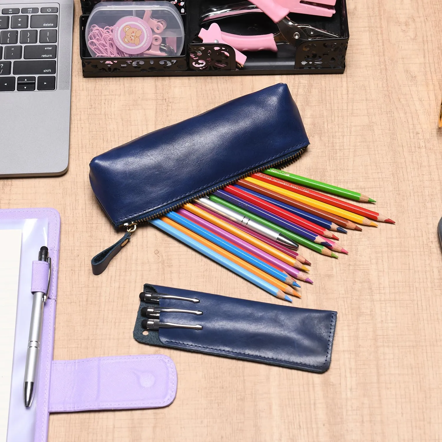 WONDERPOOL Pen Case 2pcs Genuine Leather Pencil Markers Holder Fountain Pen Drawings Pouch Portable Compact Stationery Bag for School Office Travel Organizer