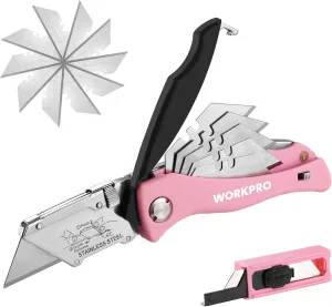 WORKPRO Folding Utility Knife, Quick Change Box Cutter, Pink Razor Knife for Cartons, Cardboard, Boxes with Blade Storage Design, Extra 15 Blades Included - Pink Ribbon