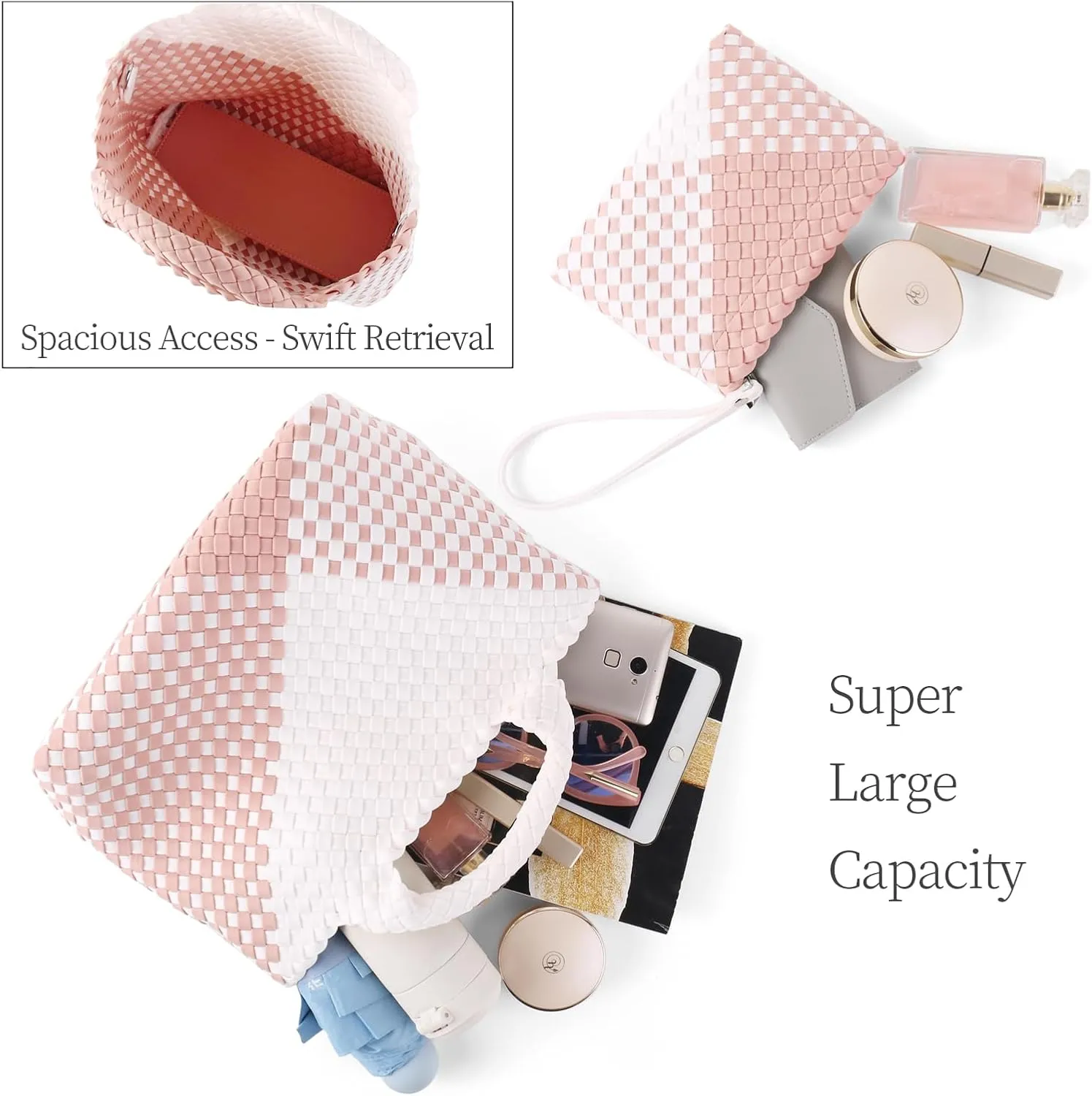 Woven Bag for Women Neoprene Tote Bag Summer Beach Travel Handbag and Purse Lightweight Foldable Retro Handmade Shoulder Bag