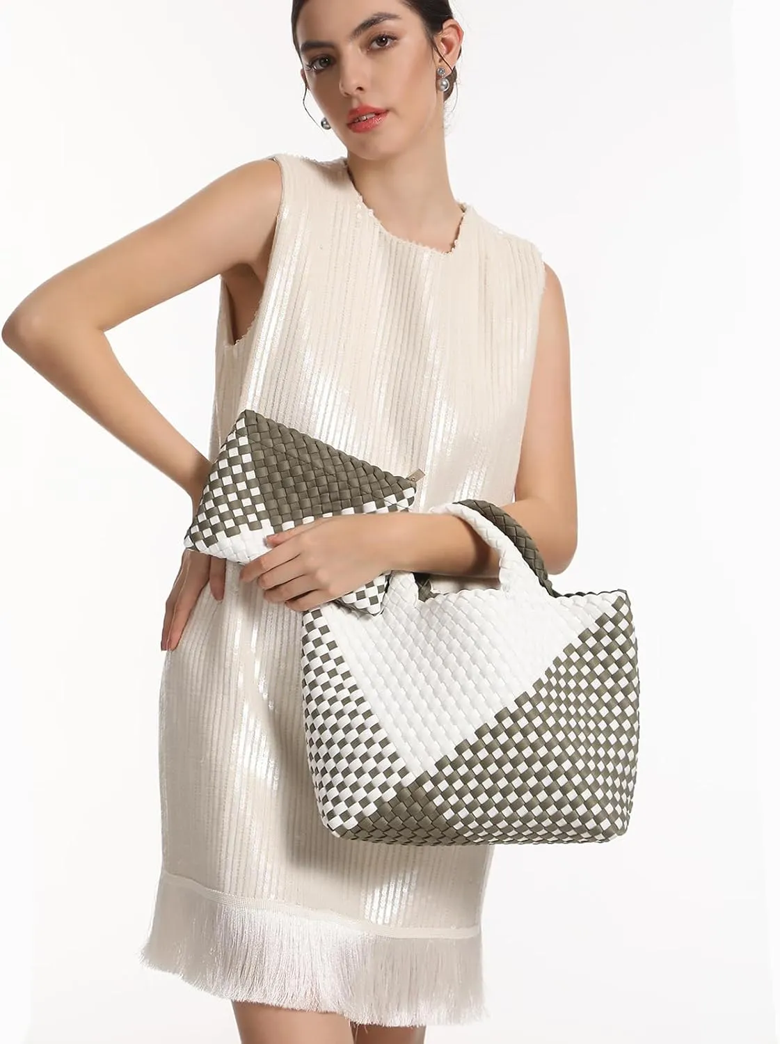 Woven Bag for Women Neoprene Tote Bag Summer Beach Travel Handbag and Purse Lightweight Foldable Retro Handmade Shoulder Bag
