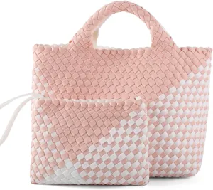 Woven Bag for Women Neoprene Tote Bag Summer Beach Travel Handbag and Purse Lightweight Foldable Retro Handmade Shoulder Bag