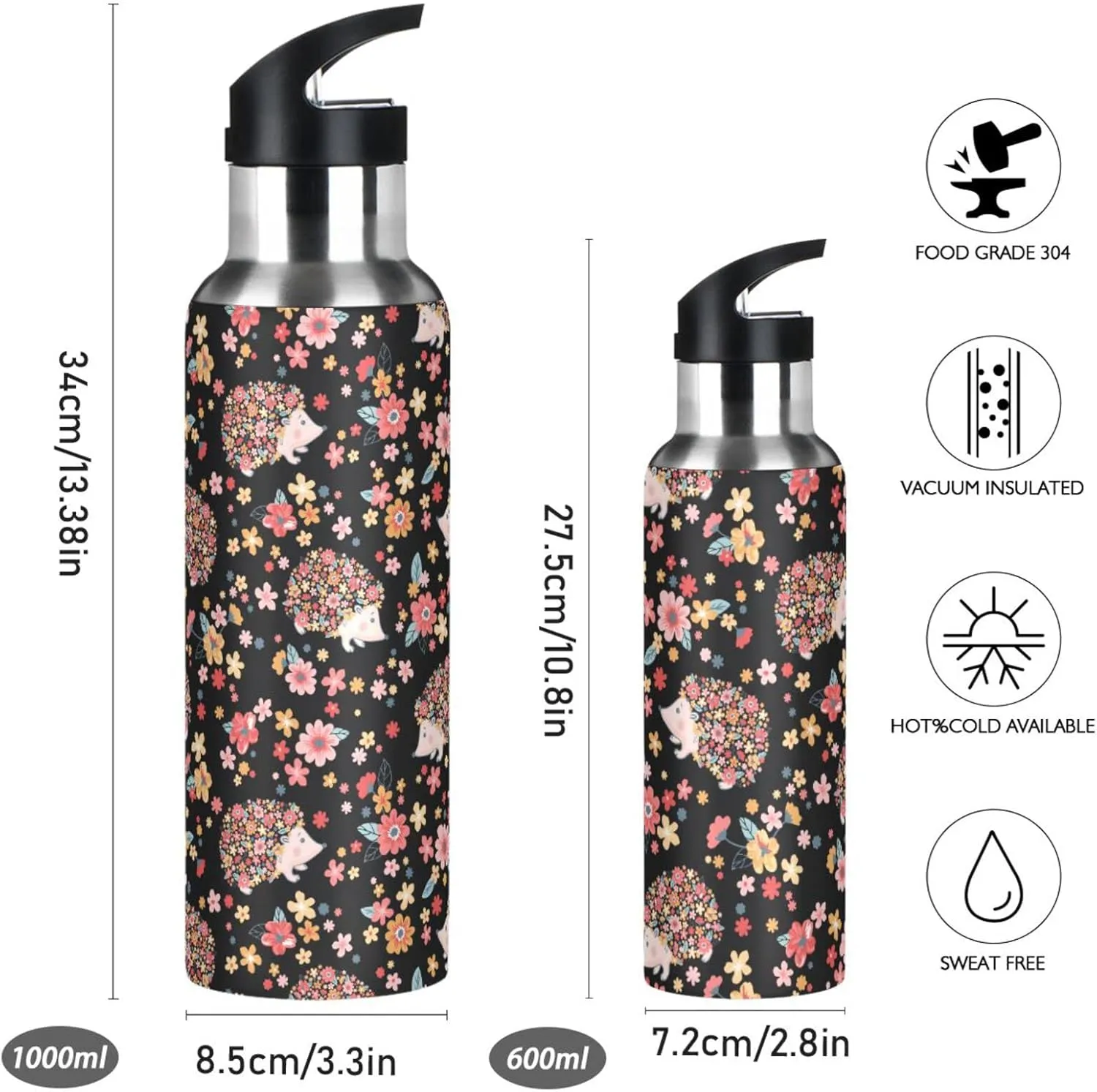 Wusikd Cute Hedgehogs Water Bottle With Straw Lid - Double Wall Flowers Thermos Vacuum Insulated Flask Stainless Steel for Gym Outdoor 35 OZ