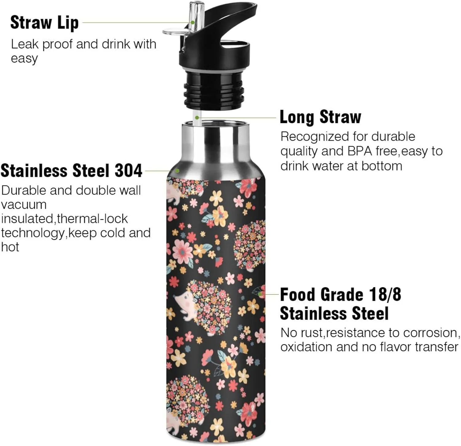 Wusikd Cute Hedgehogs Water Bottle With Straw Lid - Double Wall Flowers Thermos Vacuum Insulated Flask Stainless Steel for Gym Outdoor 35 OZ