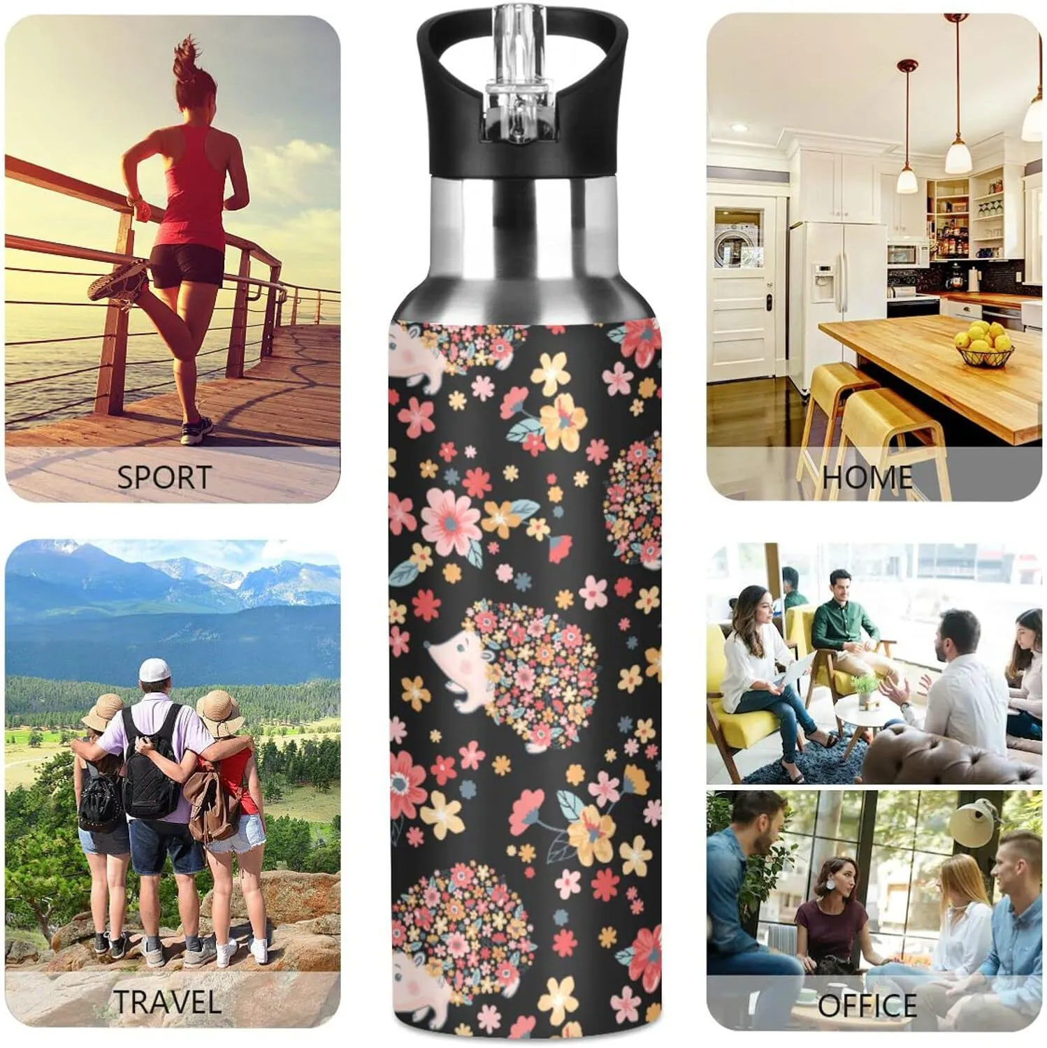 Wusikd Cute Hedgehogs Water Bottle With Straw Lid - Double Wall Flowers Thermos Vacuum Insulated Flask Stainless Steel for Gym Outdoor 35 OZ